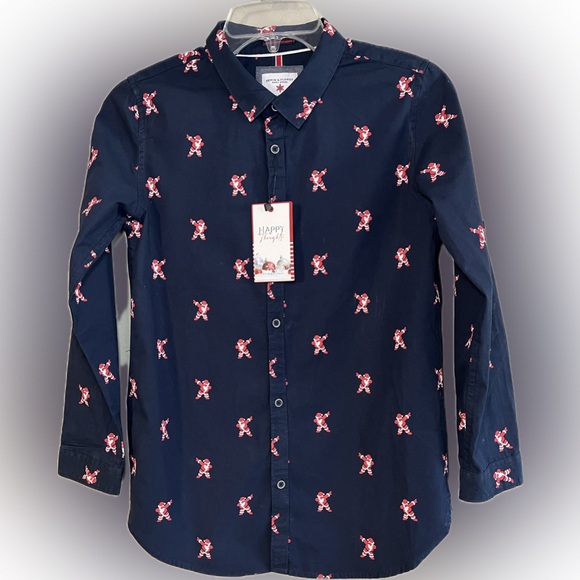 Denim & Flower Youth Boy Size 13/14 Dabbing Santa Long Sleeve Button Down NWT - Picture 1 of 6